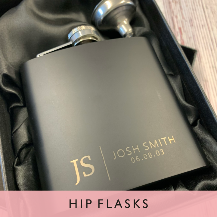 A selection of personalised hip flasks from GQGifts