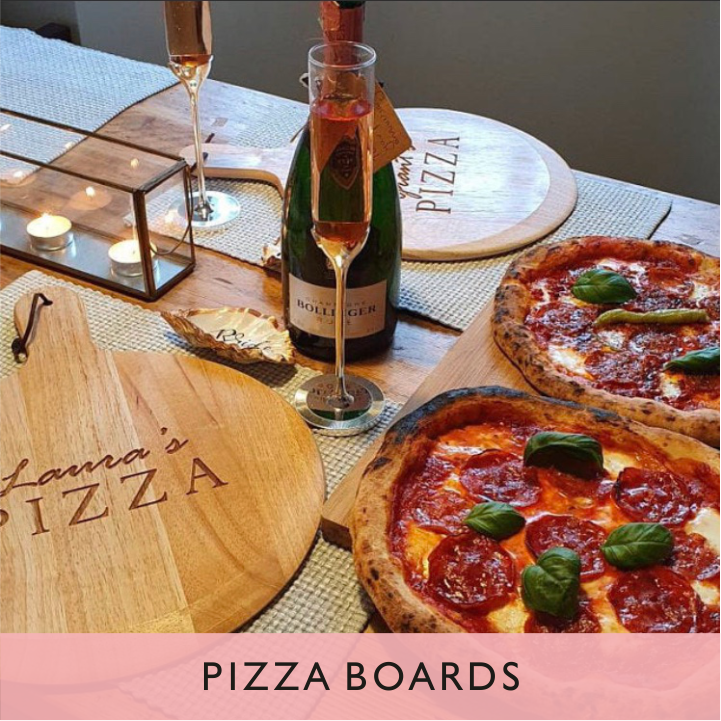 A selection of personalised pizza boards from GQGifts