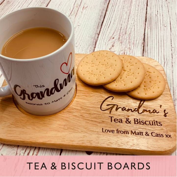A selection of personalised tea buscuit boards from GQGifts