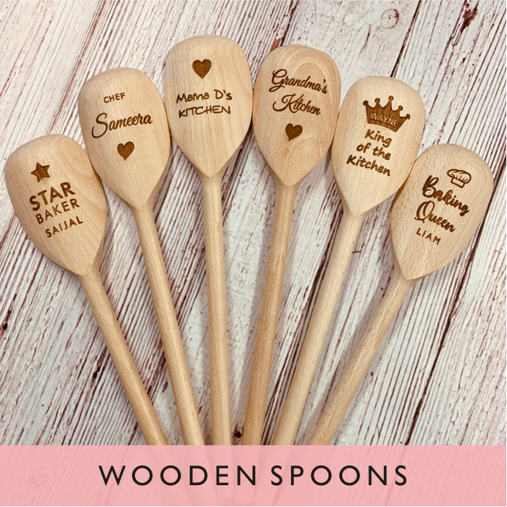 A selection of personalised wooden spoons from GQGifts