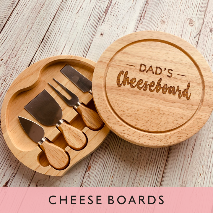 A selection of personalised cheese boards from GQGifts